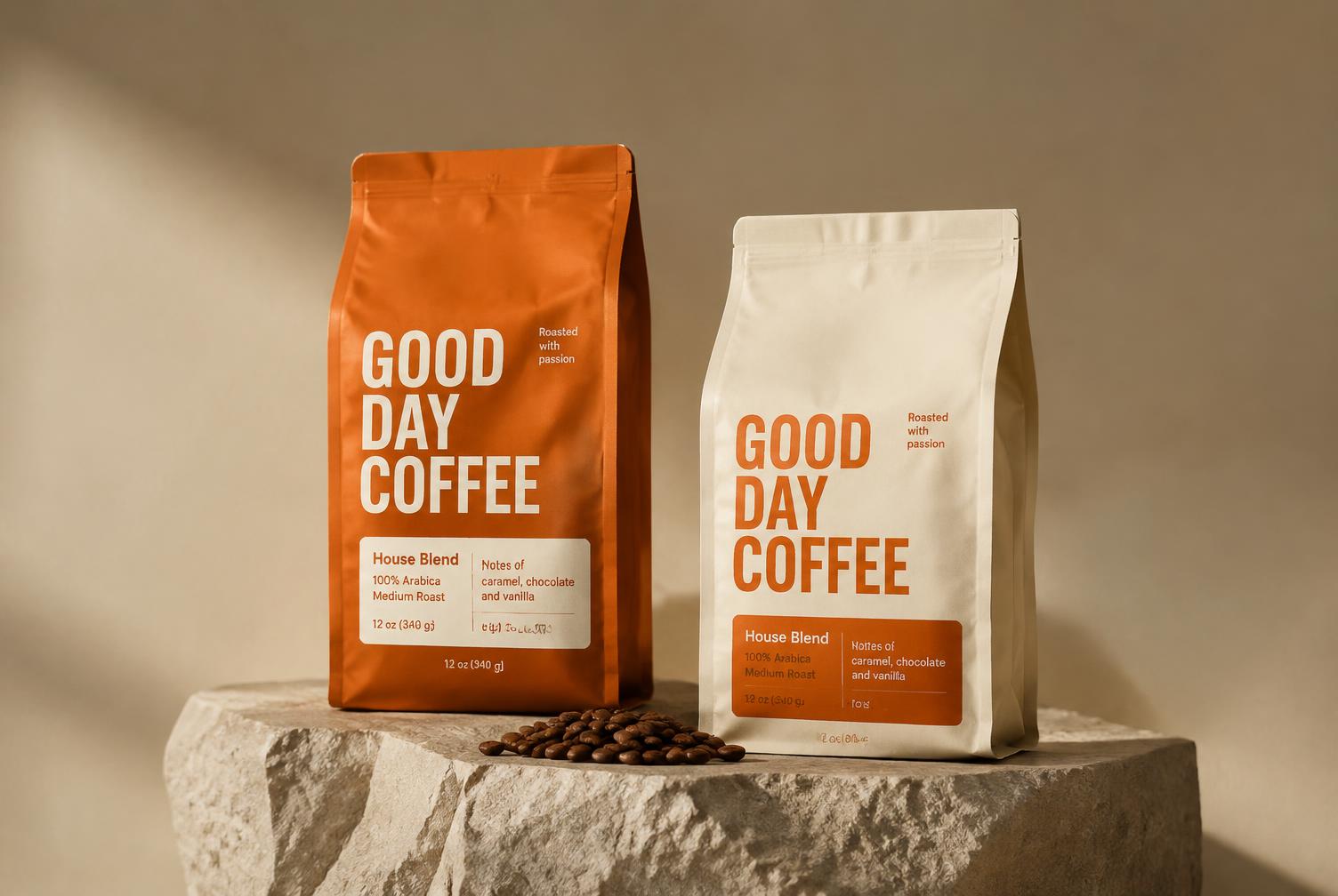 Coffee bags on a stone pedestal