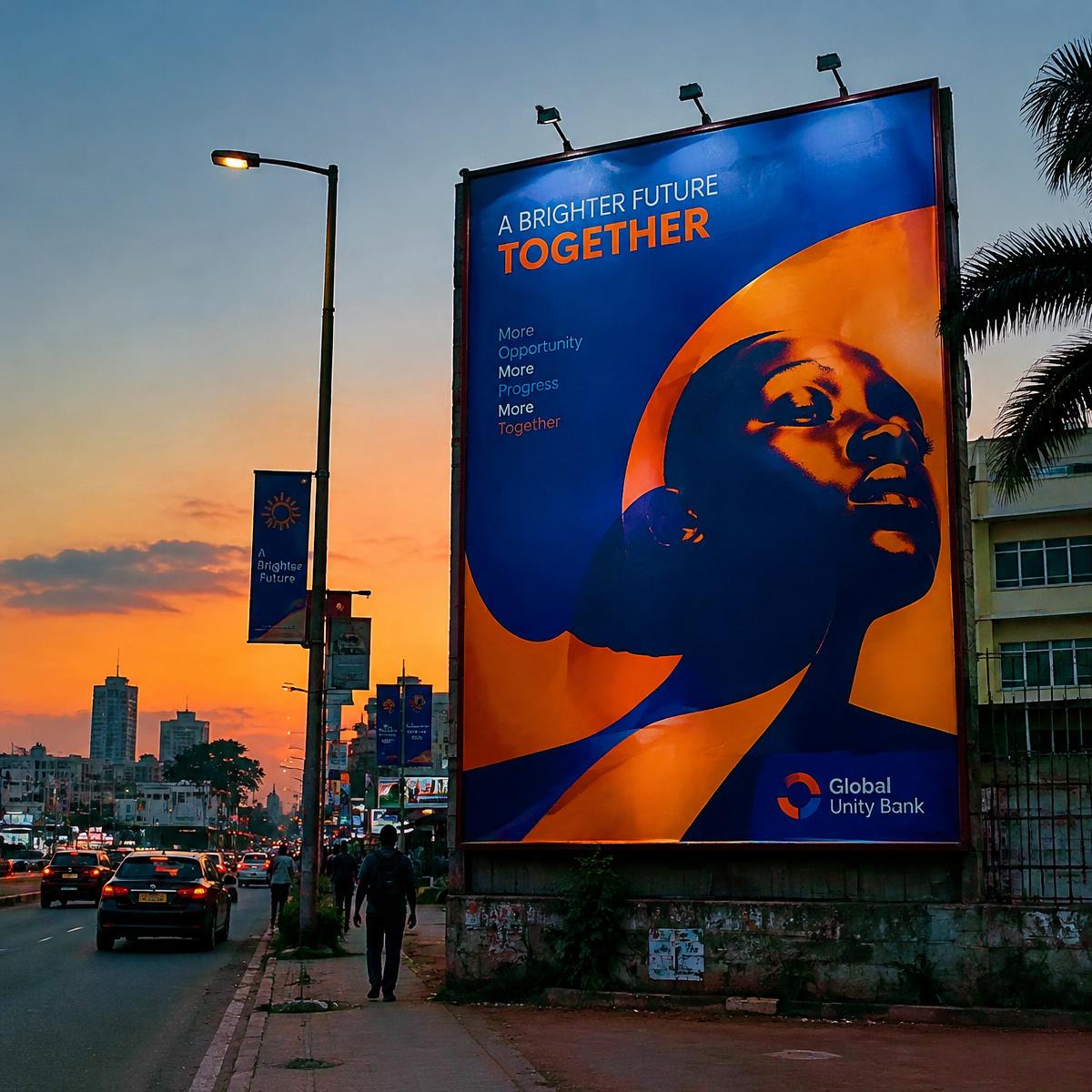 Billboard in a city street at dusk